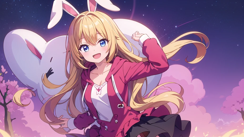 Masterpiece, best quality, high resolution, a girl, white bunny ears, blond hair, pink hoodie, red top, red petticoat, open mouth, smile,