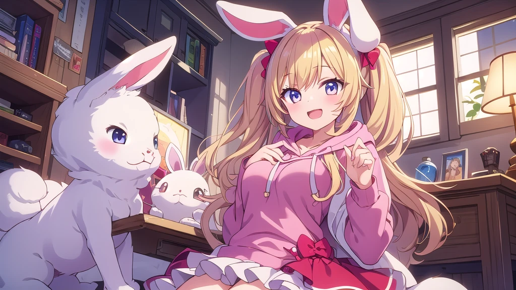 Masterpiece, best quality, high resolution, a girl, white bunny ears, blond hair, pink hoodie, red top, red petticoat, open mouth, smile,