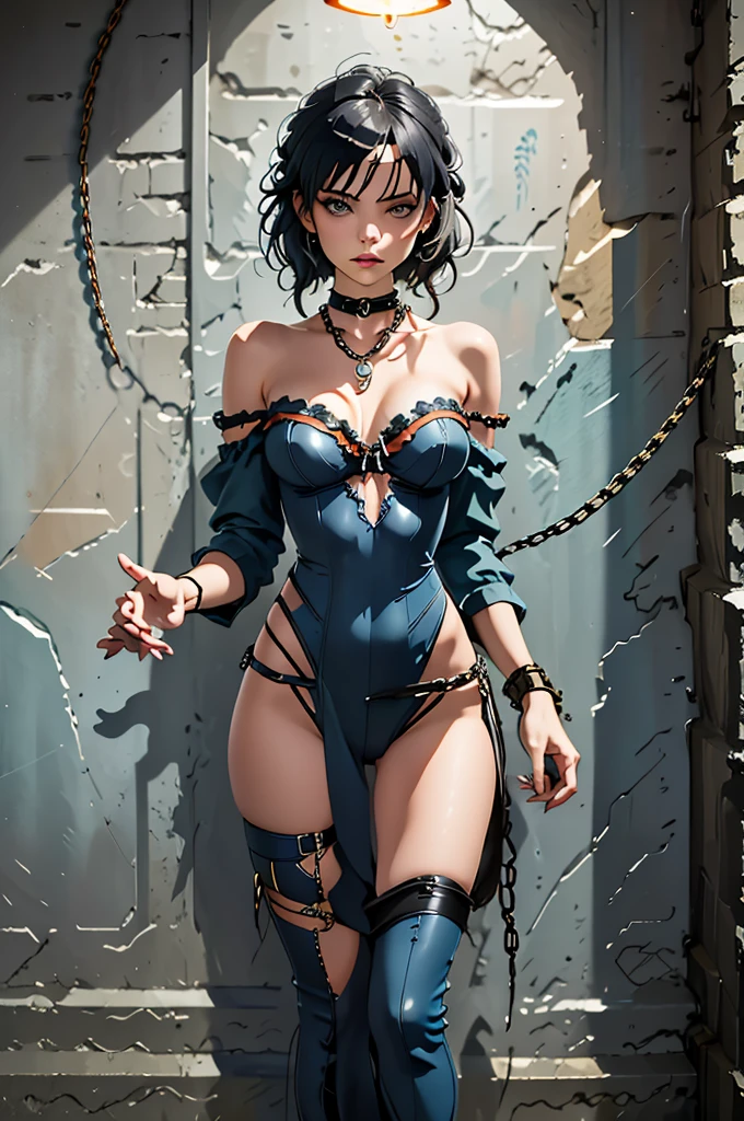 (masterpiece:1.1), (highest quality:1.1), 1girl, chain, against wall, prison,