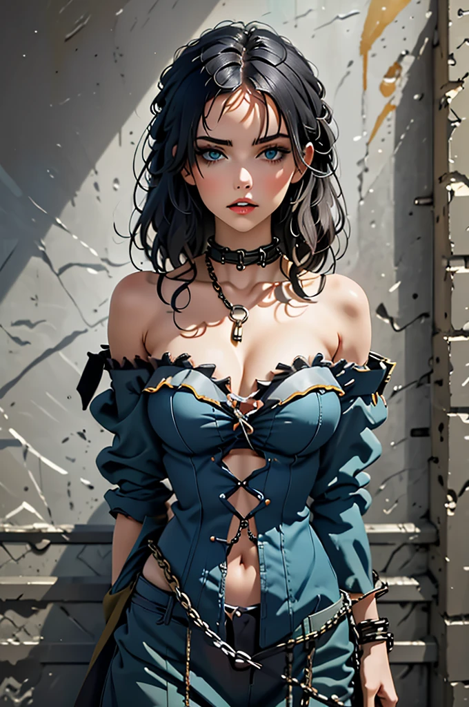 (masterpiece:1.1), (highest quality:1.1), 1girl, chain, against wall, prison,