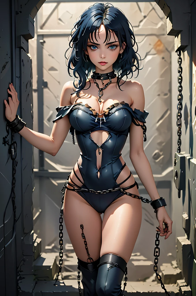 (masterpiece:1.1), (highest quality:1.1), 1girl,  chain, against wall, prison,  