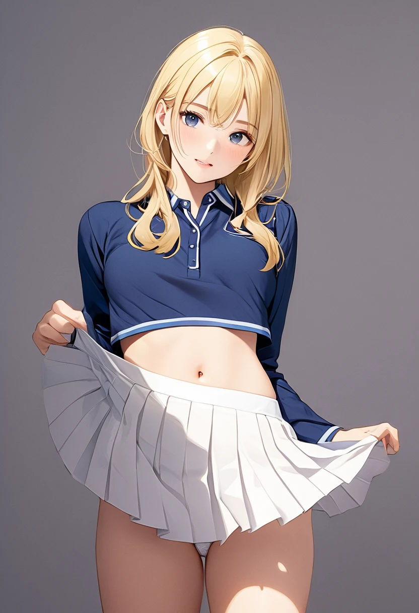 A 20 yo girl, blonde hair, blue shirt, pleated skirt, white panties, white background