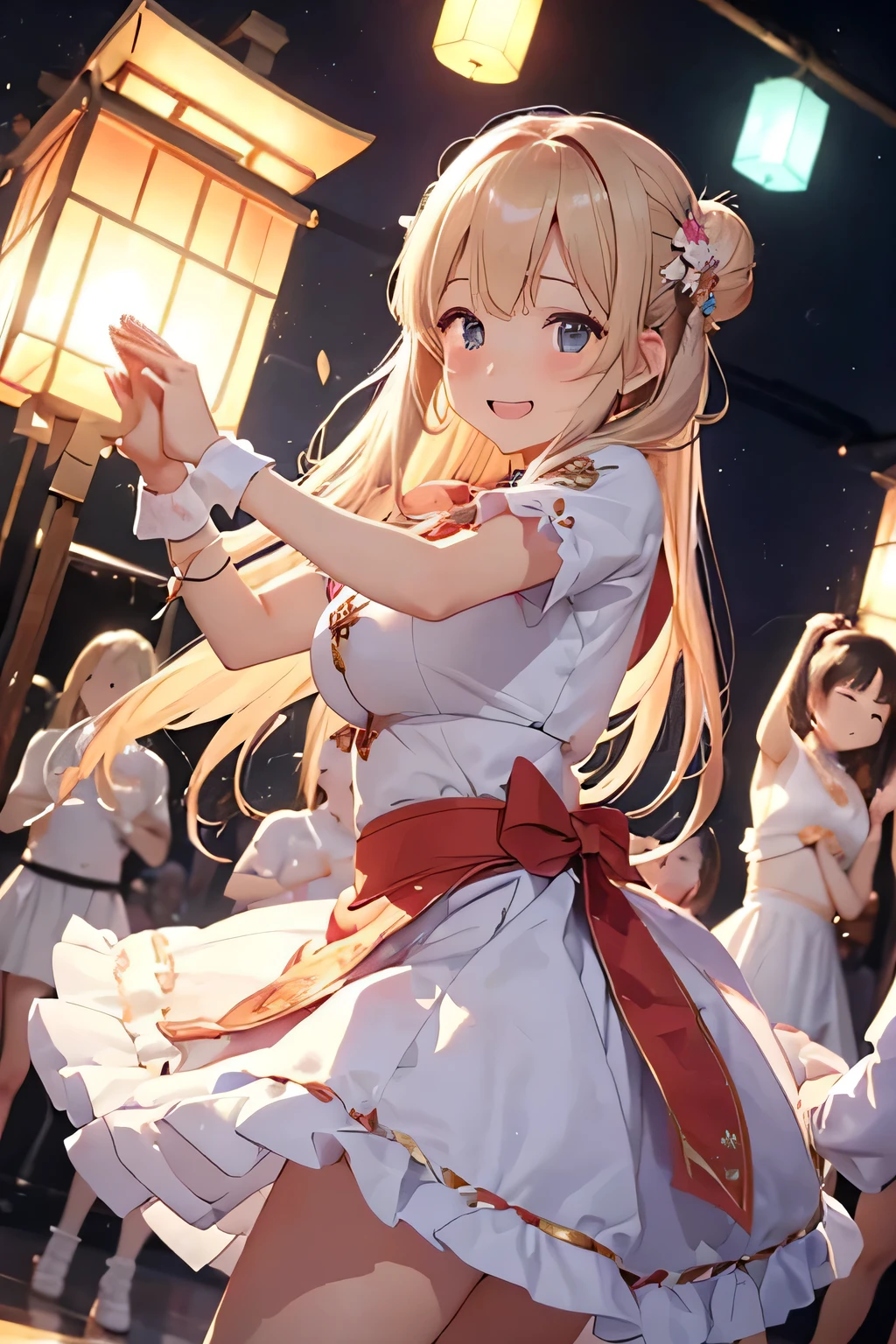 Highest quality、High resolution、Detailed Background、Teenage beauty、Detailed face、Anatomically correct、(Normal number of fingers:1.2)、(Huge breasts:1.2)、cute hair color、Bun Hair、Perfect body line、(Lively girl dancing at the Bon Odori festival:1.5)、(Dance with your fingers together, hands together and raised high:1.5)、night、Festivals、A big smile、Cute patterned yukata、dancing lively、Waving your hands back and forth、Waving your hands left and right、Coordinated hand and foot movements、Traditional Japanese summer festivals、Bon Odori is held at night, so lanterns and other lights are lit up, creating a fantastic atmosphere.、cute