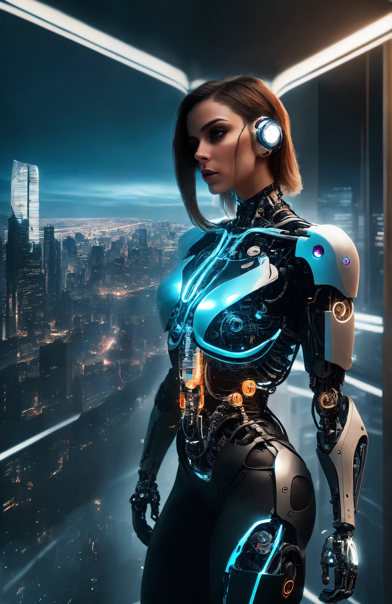 The intimate relationship of a male cyborg and a female cyborg in a skyscraper office in a big city, best quality, absurdres, masterpiece, beautiful, intricate details, 1/2 body crop, slim body, beautiful figure, magnificent anatomy, (intricate details:1.12), HDR, (intricate details, hyper-detailing:1.15), (natural skin textures, hyper realistic, soft light, sharp:1.2), cyberpunk, futuristic, neon colors, dramatic lighting, urban vibes, technologically advanced, stunning architecture, glossy surfaces, shiny metallic parts, dark shadows, reflections, intense gaze, romantic atmosphere, glowing circuitry, city lights, sleek hairstyles, flawless skin, elegant clothing, state-of-the-art technology.