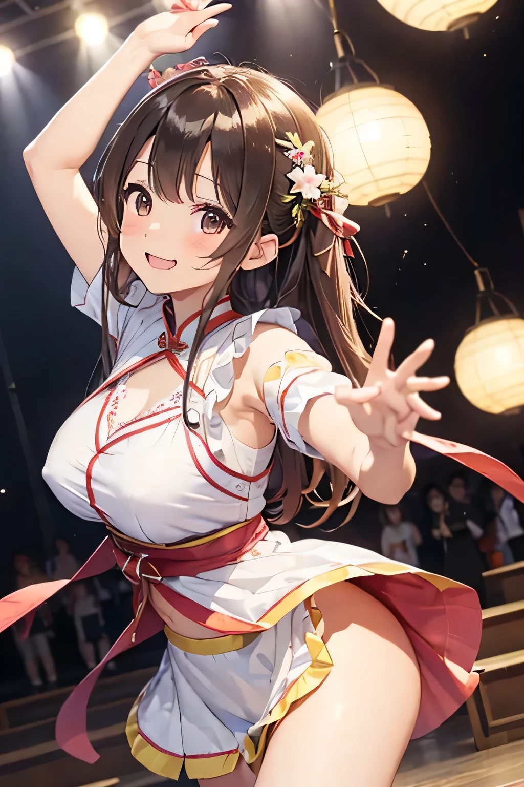 Highest quality、High resolution、Detailed Background、 beauty、Detailed face、Anatomically correct、(Normal number of fingers:1.2)、(Huge breasts:1.2)、cute hair color、Bun Hair、Perfect body line、(Lively girl dancing at the Bon Odori festival:1.5)、(Dance with your fingers together, hands together and raised high:1.5)、night、Festivals、A big smile、Cute patterned yukata、dancing lively、Waving your hands back and forth、Waving your hands left and right、Coordinated hand and foot movements、Traditional Japanese summer festivals、Bon Odori is held at night, so lanterns and other lights are lit up, creating a fantastic atmosphere.、cute