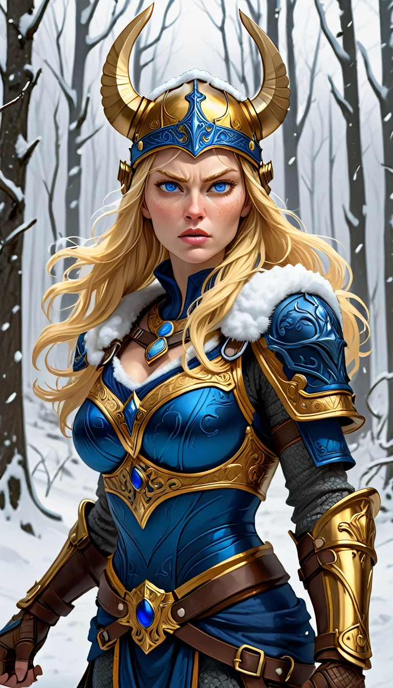 A blonde woman, (glowing blue eyes), she wears (shiny dark blue armor) with gold trim, reflective surface, intricate details, (Viking helmet with wings on the side covers her head), (deep vneck and exposed cleavage). Stern expression, fists clenched by her sides. (detailed hands and fingers, gold gauntlet). show her walking through a snowy forest, snow storm, blowing wind