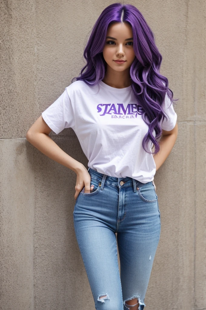 A woman with long wavy purple hair. She is wearing slim jeans with a slim white T-shirt. The jeans and the T-shirt are in girly style