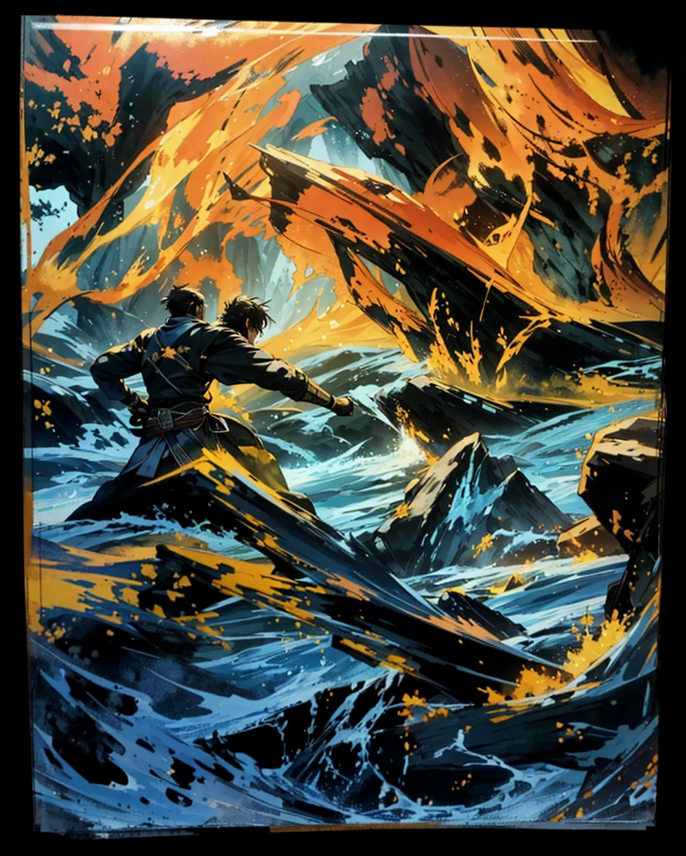 In the picture, there are two martial arts characters standing and confronting each other.。turbulent weather,terrain changes,The colors are distinct and blended,Clear changes in light and shadow,Silky smooth and delicate watercolor painting