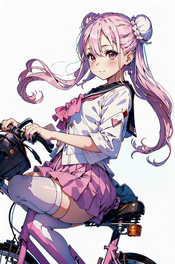 masterpiece, (((Highest quality))), (((High resolution))), {Detailed and beautiful eyes}, finely, Detailed and beautiful eyes,1 Girl, (Hair Ribbon:0.4), Pink Eyes,(((White bun hair))),(((Long pink hair))),(((ride a bicycle))), smile,Kunimi Tama,