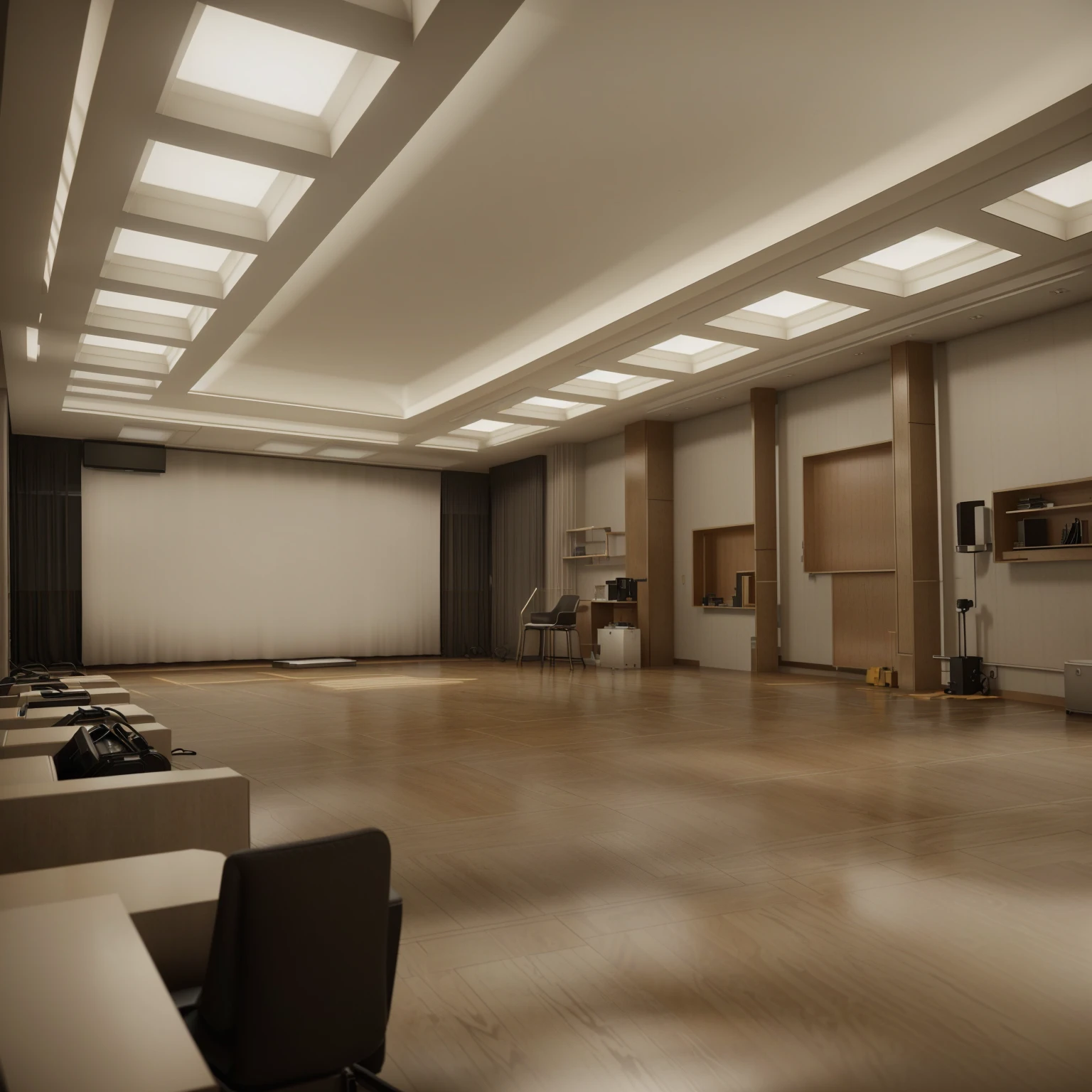 there is a room with a lot of chairs and a projector screen, cinematic accent lighting, volumetric and perfect lighting, rendered in unreal engine 6, 8k. volumetric lighting, unreal 5 engine highlly render, rendered in unreal engine 5, volumetric lighting 8 k, cinematic rendering, unreal engine realistic render, highly detailed render, architectural visualization