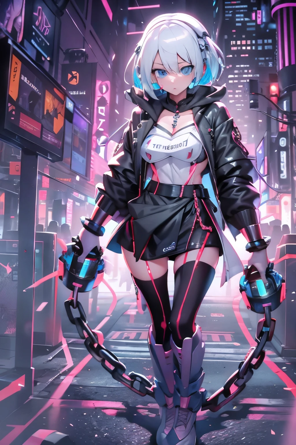 Android Girl,white hair,short and messy hair, purple neon eyes, Holding a chain whip,chains on the hands,chains action, chains around her arm, very cute, skirt, white blouse, cyberpunk theme