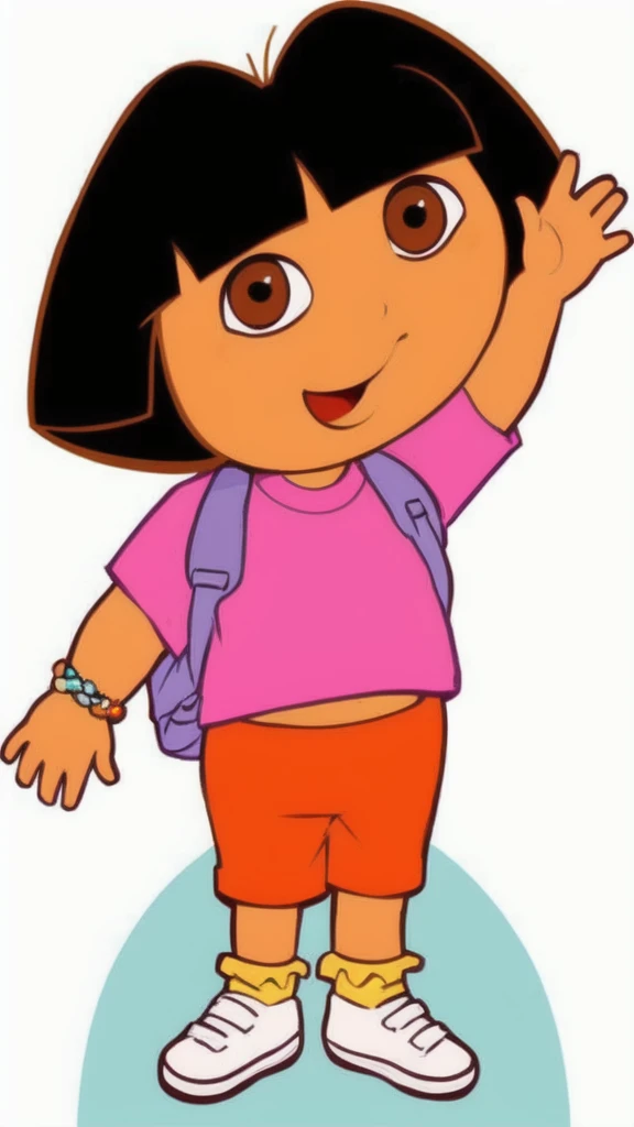 a girl with a pink shirt, orange shorts, purple backpack, bracelet on right hand, white shoes with yellow socks, waving her left hand