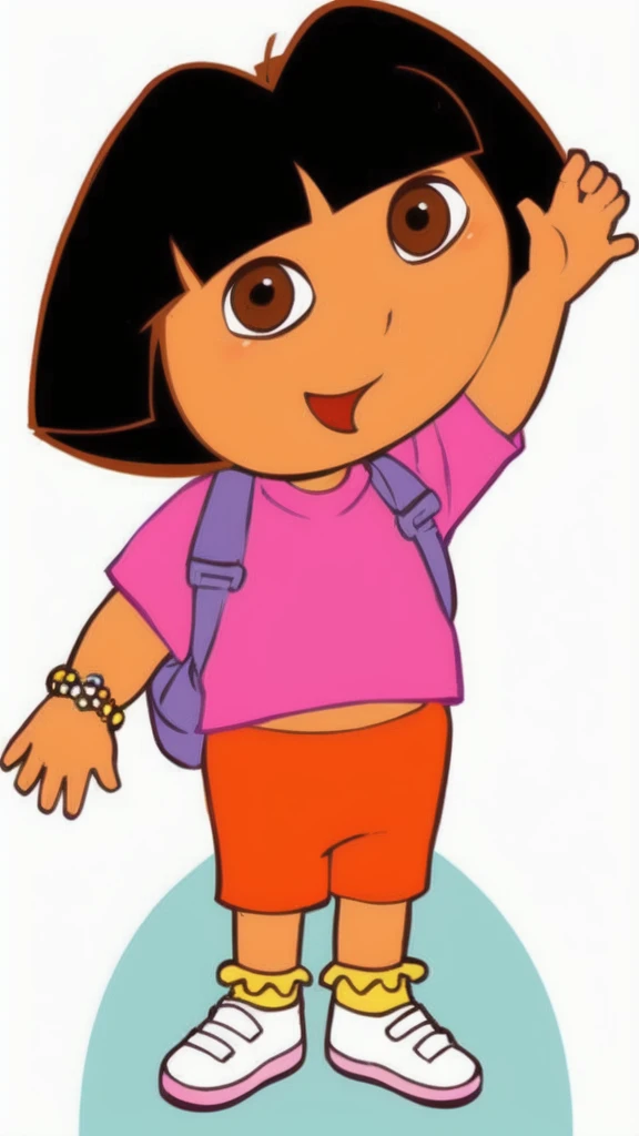 a girl with a pink shirt, orange shorts, purple backpack, bracelet on right hand, white shoes with yellow socks, waving her left hand