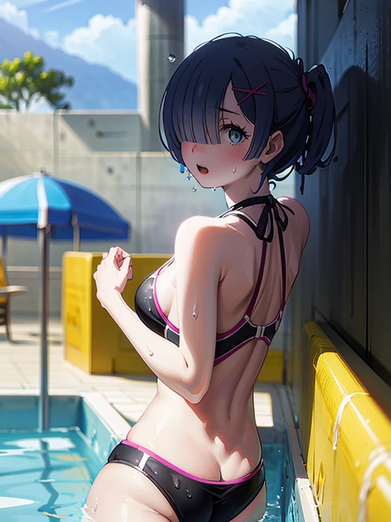 Swimsuit、Acme Face、Random pose、short hair、Blue Hair、、hair over one eye、、nsfw、 masterpiece, best quality, 1 girl, 独奏, large breasts, gray eyes, swept bangs, black hair, half updo hair, looking side, excited, cowboy shot, from the front, black competitive swimsuit, pool, in the pool, (wet:1.2), (water drops:1.2)