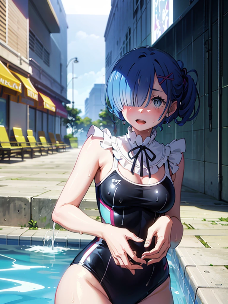 Swimsuit、Acme Face、Random pose、short hair、Blue Hair、、hair over one eye、、nsfw、	masterpiece, best quality, 1 girl, 独奏, large breasts, gray eyes, swept bangs, black hair, half updo hair, looking side, excited, cowboy shot, from the front, black competitive swimsuit, pool, in the pool, (wet:1.2), (water drops:1.2)
