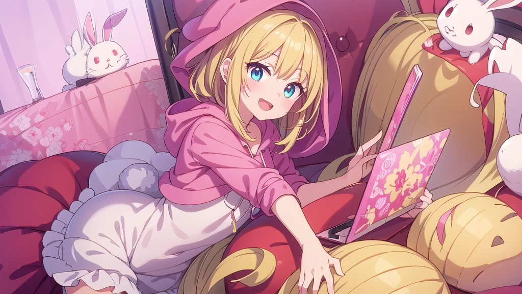 Masterpiece, best quality, high resolution, a girl, white bunny ears, blond hair, pink hoodie, red top, red petticoat, open mouth, smile,