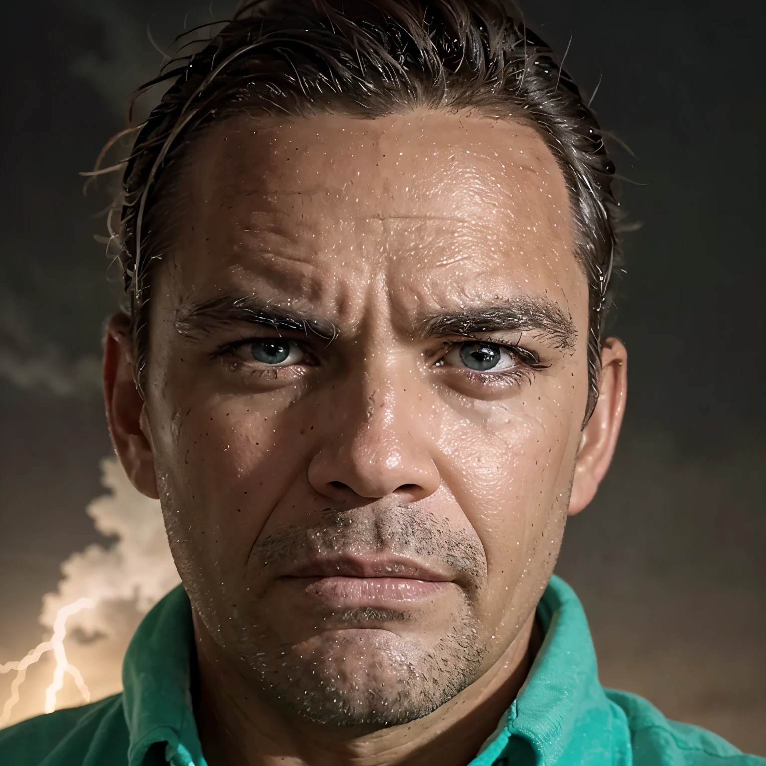 Ultra close-up of an angry man with lightning in the background