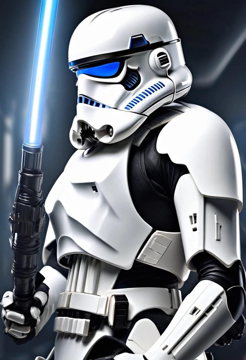 perfect hands, perfect finger,perfect anatomy, masterpiece, best quality,realistic, hyperrealistic, 16k hdr,1 mature female,,white Stormtrooper in Star wars,damaged white full face helmet,damaged white armor,large breasts,(holding blue Light saber:1.2)