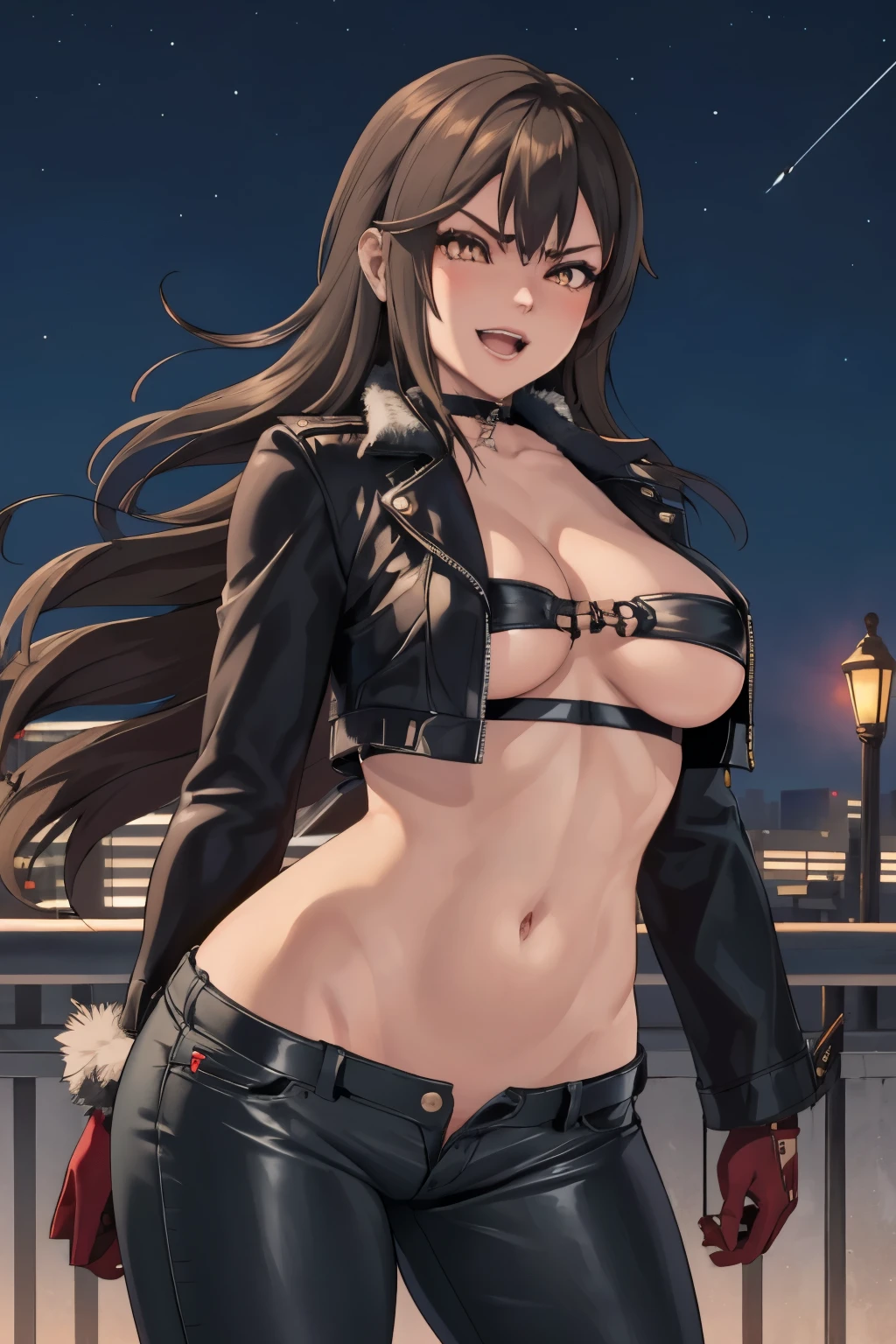 misaki, long hair, mature female, makeup, eyelashes, blush, lipstick, Hot girl, baddie, staring, glaring, bad attitude, mean girl, dare, angry, hate, crazy, smoking, sensual, attractive, fur trim, mature female, gloves, fur-trimmed coat, outdoors, rooftop, cityscape, building, railing, night sky, scenery, city lights, masterpiece, best quality, highly detailed, a girls with a gun, evil smile , open mouth, sexy gaze, badass pose , evil smile, smile, , guns blazing, anime girl with long hair, beautiful long haired girl, navel, evil expression, exposed belly, exposed navel, exposed midriff, exposed lower belly, long black pants, crop top, cleavage, unbuttoned leather pants ,open fly, low rise black leather pants, leather jacket, holding a gun, 