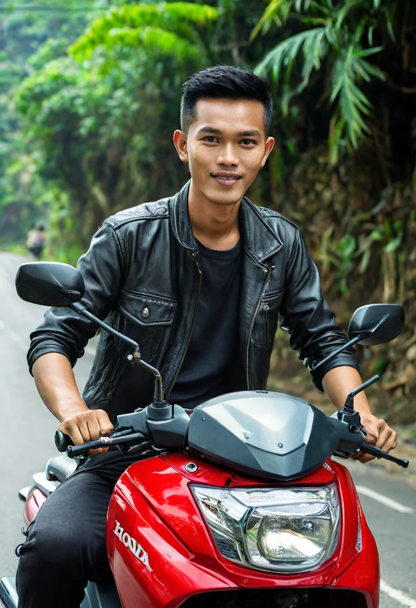 handsome Indonesian man, very short fine hair, I was riding a Honda automatic beat series motorbike, camera distance is far( The entire motorbike is visible) far ratio, roadside atmosphere,