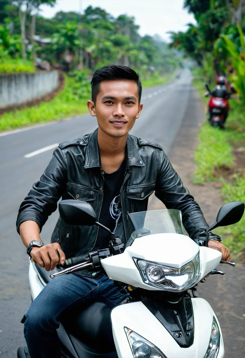 handsome Indonesian man, very short fine hair, I was riding a Honda automatic beat series motorbike, camera distance is far( The entire motorbike is visible) far ratio, roadside atmosphere,
