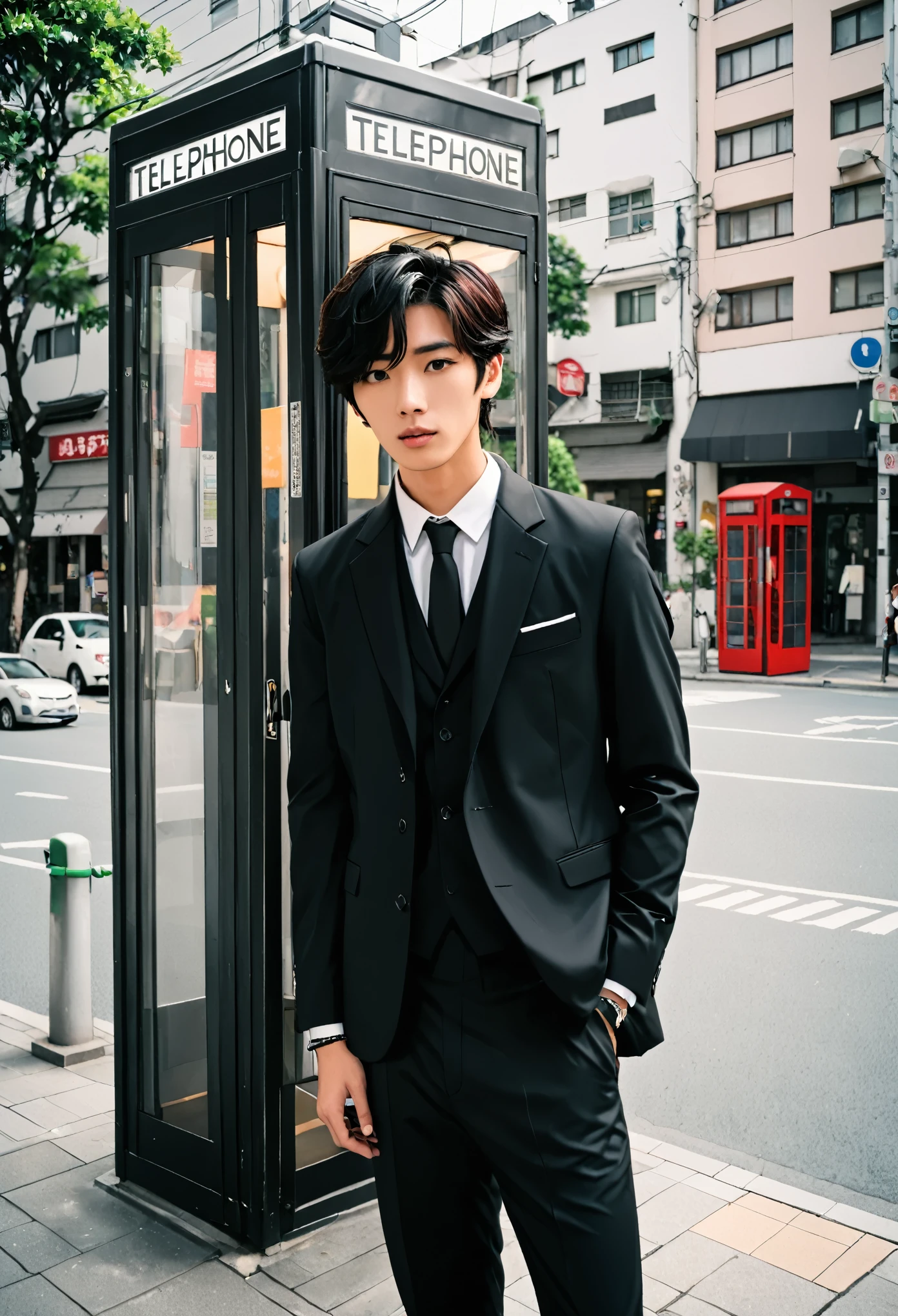 Telephone booth、male、Black Suit、22age、