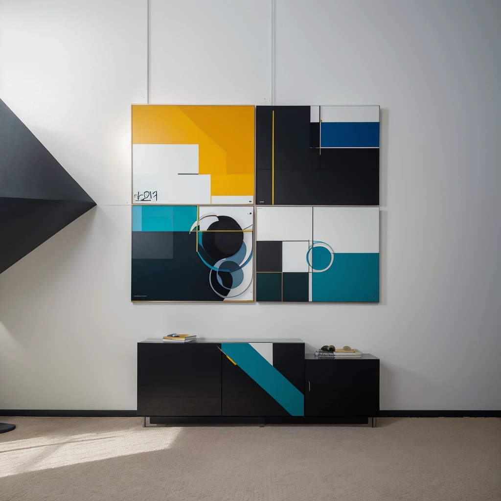 "Create a high-resolution12 megapixel, professional-quality piece of abstract art featuring a dynamic composition of bold colors and geometric shapes. The artwork should incorporate a harmonious blend of vibrant hues such as blues, reds, yellows, and greens, balanced with contrasting tones like black, white, and gray. Utilize a variety of shapes—circles, triangles, and rectangles—overlapping and intersecting to create a sense of depth and movement. Include textured elements and gradients to add visual interest and complexity. The overall design should be modern and versatile, evoking a sense of creativity and energy, making it ideal for use in home decor, corporate branding, and contemporary design projects on stock photography platforms."