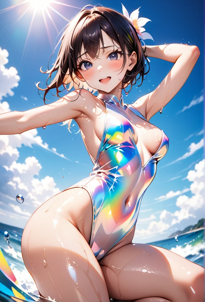 ((dress swimsuit)), ((swimsuit sides see-through)), ((The swimsuit is a vivid color)), holographic fabric, skindentation, skinny, solo, 1 woman, Masterpiece, highest quality, highest quality, 16K, incredibly absurd, highly detailed, 2.5D, ai-generated, delicate and dynamic, very delicate facial expressions, delicate eye depiction, erotic, only sexy woman, ((A cute and kind face)), healthy figure, 25-year-old woman, bride, 160cm tall, medium firm swaying bust, (dark hair), black eye, blush, Sweat,Embarrassed,sexy, ((thin thighs)), (Erect nipples:0.7), (visible nipples:0.5), ((shiny and lustrous)), facing straight at viewer, ((brown black skin)), ((Oily_skin)), sweaty skin, wet skin, (suntan), dutch angle, ((sexy pose)), Dynamic poses, ((Summer Sea)), Strong sunlight, ((On the open sea)), ((sexy pose)),