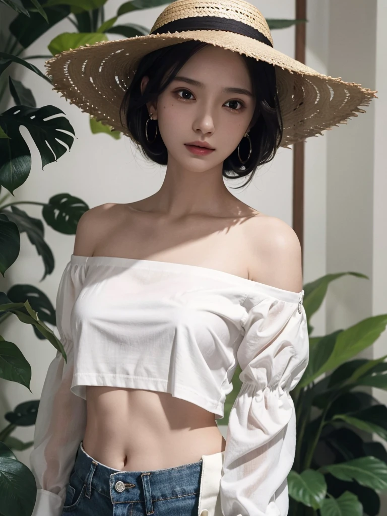 absurdres, RAW photo, extremely delicate and beautiful, masterpiece, Best Quality, ultra high resolution, 32k, hyperrealistic, ultra-detailed, perfect figure, in her 20s, very small head, very small face, delicate facial features, tearful mole, earring, very huge breasts, bare legs, full body shot, medium hair, black hair, colored inner hair, casual, blouse, white shirt, buttoned shirt, bare shoulders, collarbone, midriff, navel, shorts, straw hat,