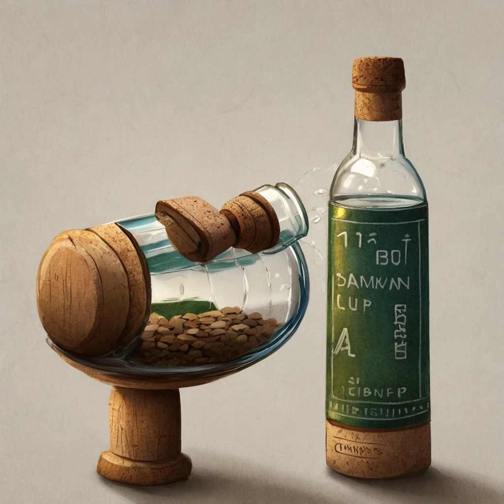 I would like only a bottle of water with a white background. The bottle need to be a glass bottle without any other details with a great cork on it and in a cartoon style but kind of realistic please