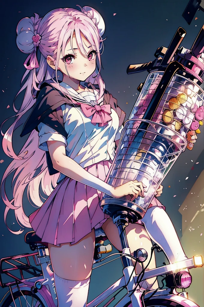 masterpiece, (((Highest quality))), (((High resolution))), {Detailed and beautiful eyes}, finely, Detailed and beautiful eyes,1 Girl, (Hair Ribbon:0.4), Pink Eyes,(((White bun hair))),(((Long pink hair))),(((ride a bicycle))), smile,Kunimi Tama,