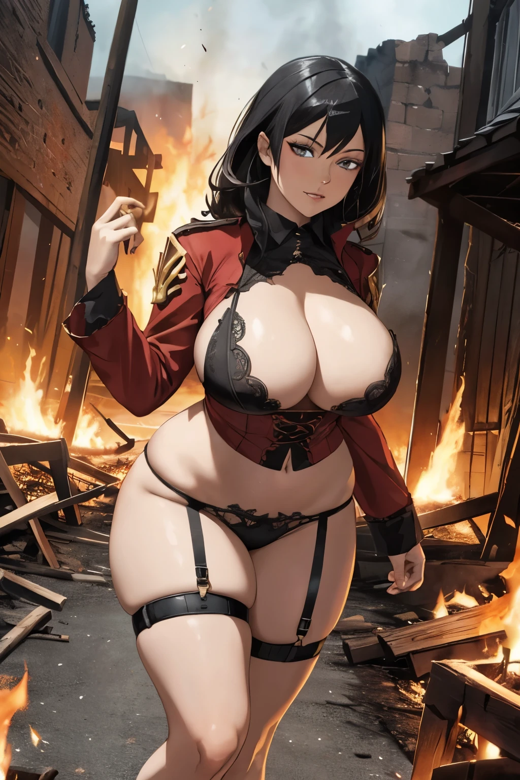 a fireforce infernal turned into a voluptuous woman. The background is a burned town