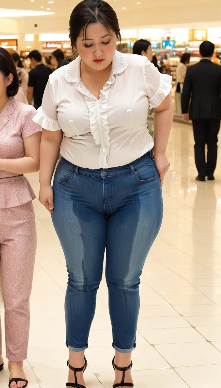 1woman,2kids,fullbody,(masterpiece:1.5),photo-realistic,16k,(beautiful 40s japanese plump lady:1.4),(crowded shoppingmall:1.6),(frilled blouse:1.5),(jeans:1.3),(sandals:1.5),(handing on wetting crotch with both hands:1.4),(whimpering:1.6),(panicking:1.6),(crying:1.6),(wetting:1.7),(dripping pee:1.4),brown straight medium hair,black eyes,makeup,lipstick,eyeliner,mascara,eyeshadow