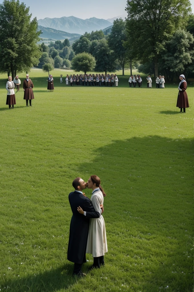 Illustrates the moment when Bosniaks and Serbs meet on the green meadow. Capture the expressions of uncertainty and tension in the air, with both groups staring at each other.