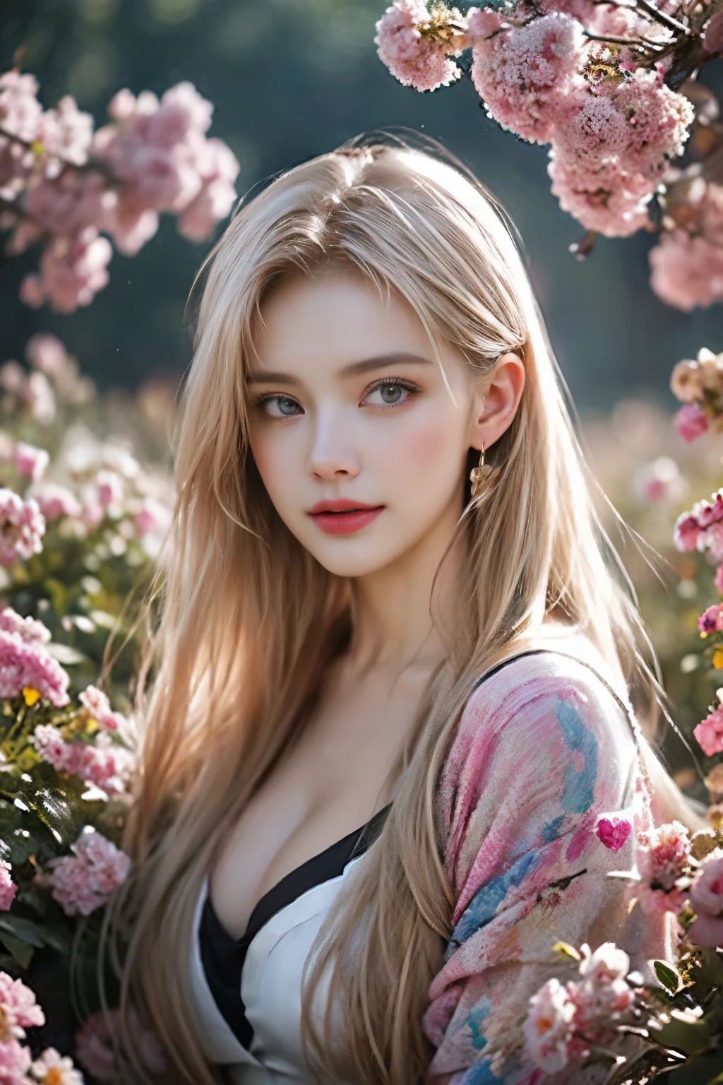 Abstract expressionist painting Abstract beauty, centred, looking at camera, close to perfection, highly detailed, digital painting, mouth closed, small face with gentle smile, art station, 18 year old pretty girl, beautiful blonde hair, fashionable and stylish clothes with large cleavage, clean and Random pose amongst a field of colourful flowers, Fashion model, Concept art, Smooth, Sharp focus, Illustration, Art by Carne Griffiths and Wadim Kashin . Bold colours, abstract shapes, expressive, emotional, official art, unity 8 k wallpaper, ultra detailed, beautiful, aesthetic, masterpiece, top quality, ( fractal art: 1. 3), 1 girl, highly detailed, dynamic angles, most beautiful form of chaos, elegant brutal design, vivid colours,
Translated with DeepL.com (free version)
Translated with DeepL.com (free version)
