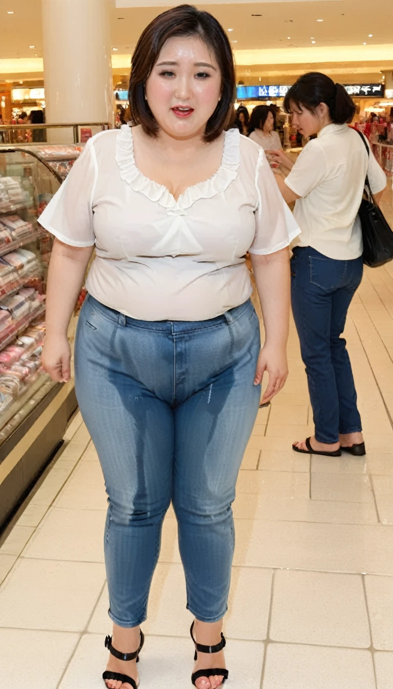 1woman,2kids,fullbody,(masterpiece:1.5),photo-realistic,16k,(beautiful 40s japanese plump lady:1.4),(crowded shoppingmall:1.6),(frilled blouse:1.5),(jeans:1.3),(sandals:1.5),(handing on wetting crotch with both hands:1.4),(whimpering:1.6),(panicking:1.6),(crying:1.6),(wetting:1.7),(dripping pee:1.4),brown straight medium hair,black eyes,makeup,lipstick,eyeliner,mascara,eyeshadow