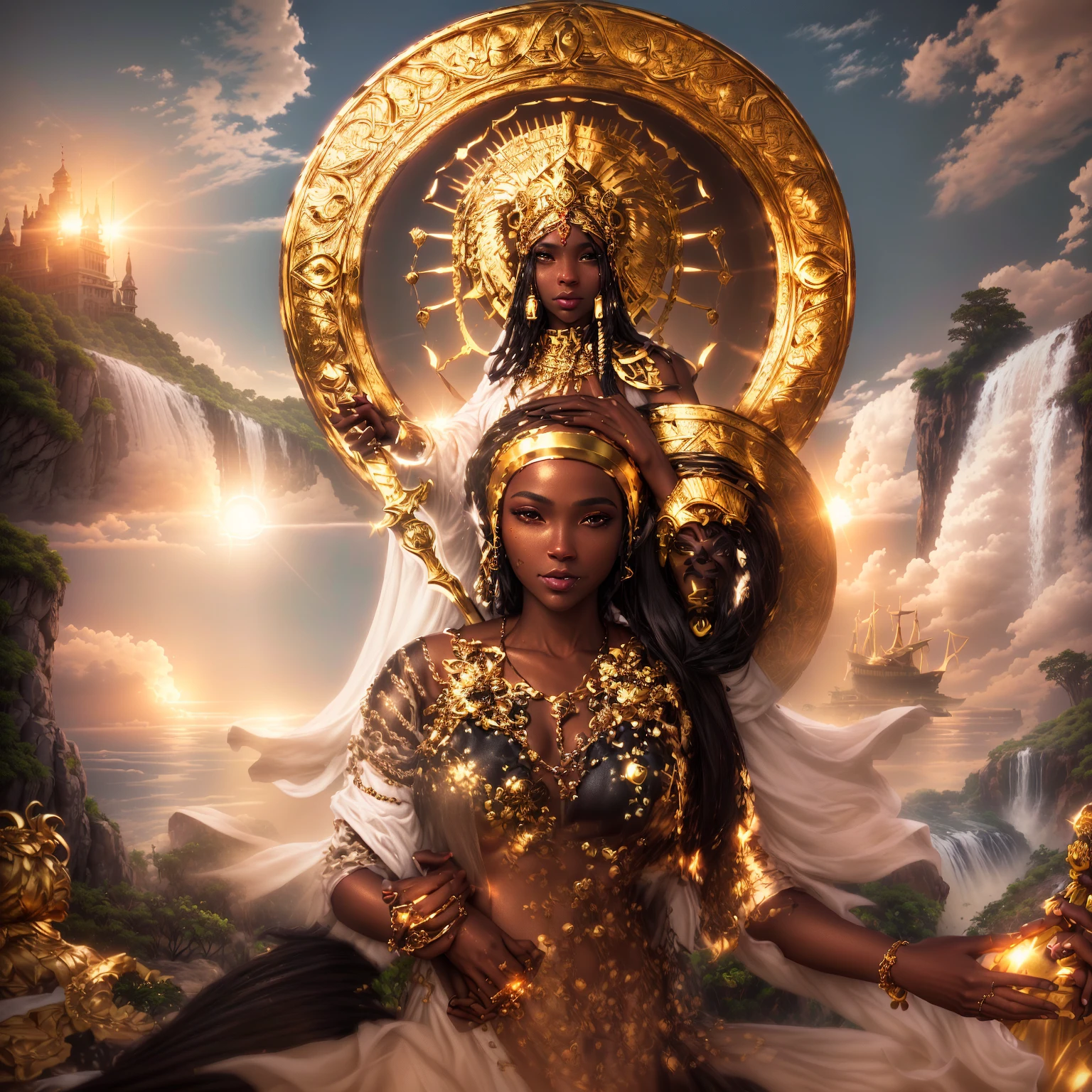 there is a white woman sitting on a rock, with white dress, lots of jewelry, umbanda mother of saint, holding a bell in his left hand, and with the right hand slightly extended, behind her standing black orisha obá, lady of the wheel, orisha, feminine, energy, feared, it is strong, pink outfit, holding sword in right hand, and a golden shield in his left hand, behind the orisha a wonderful waterfall at a sunset,