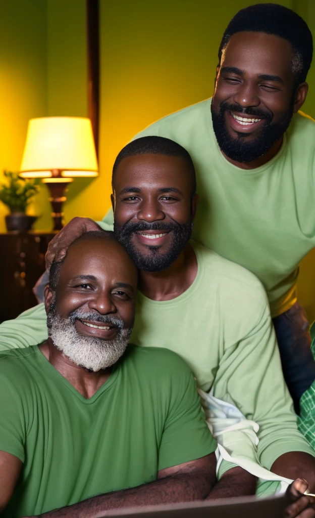 black african man smiling looking at his phone, green light emitting from phone, a middle-aged man with short hair and a beard, wearing a casual shirt, the green light casting a soft glow on his face, cozy living room with warm lighting and family photos on the walls, evening ambiance with a sense of comfort and relaxation