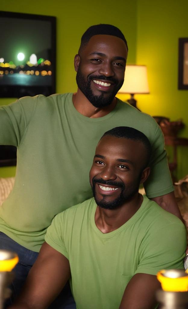 black african man smiling looking at his phone, green light emitting from phone, a middle-aged man with short hair and a beard, wearing a casual shirt, the green light casting a soft glow on his face, cozy living room with warm lighting and family photos on the walls, evening ambiance with a sense of comfort and relaxation