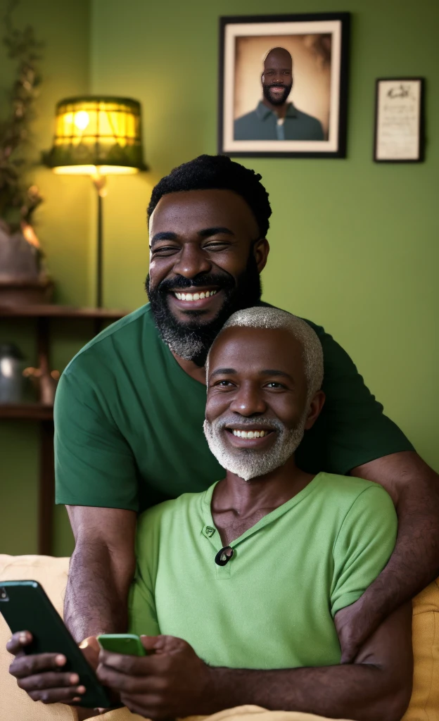 black african man smiling looking at his phone, green light emitting from phone, a middle-aged man with short hair and a beard, wearing a casual shirt, the green light casting a soft glow on his face, cozy living room with warm lighting and family photos on the walls, evening ambiance with a sense of comfort and relaxation