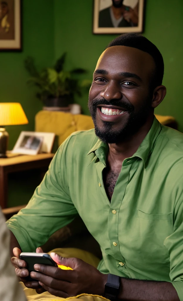 black african man smiling looking at his phone, green light emitting from phone, a middle-aged man with short hair and a beard, wearing a casual shirt, the green light casting a soft glow on his face, cozy living room with warm lighting and family photos on the walls, evening ambiance with a sense of comfort and relaxation