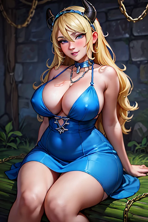 a seductive anime girl with horns sitting on a log wearing a blue dress, a chubby anime slave girl with chains on her arms touching her clothes with large breasts, a blonde anime girl with long hair in a revealing dress, highly rated on Pixiv, with covered breasts and SFW, with a provocative smile, inside a dungeon, (1girl, anime, detailed face, detailed eyes, beautiful blue dress, horn headpiece, log, dungeon background, 1girl, anime, chubby, chains, touching clothes, large breasts, dungeon background, 1girl, anime, blonde, long hair, revealing dress, covered breasts, provocative smile, pixiv highly rated, dungeon interior, high quality, photorealistic, 8k, ecchi)