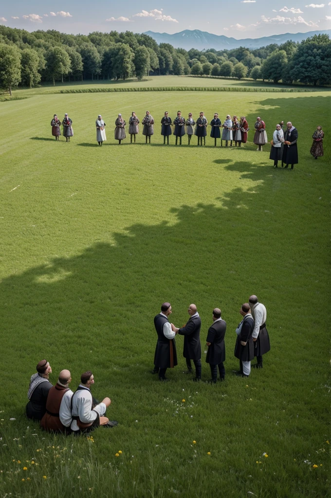 Illustrates the moment when Bosniaks and Serbs meet on the green meadow. Capture the expressions of uncertainty and tension in the air, with both groups staring at each other.