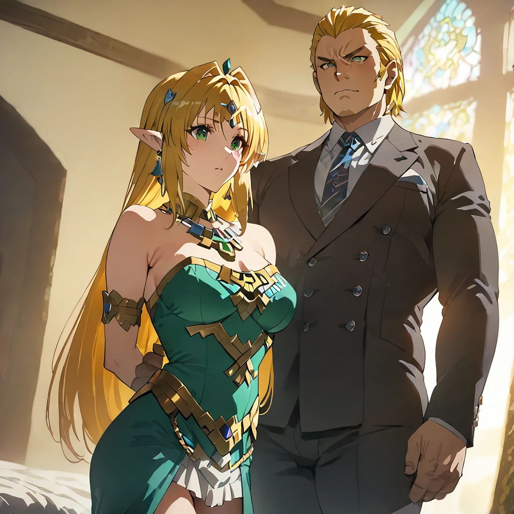 ((Highest quality)), ((masterpiece)), (detailed), (Perfect Face)、The woman is Tearju, with green eyes, medium-long blonde hair, and is wearing the costume of Princess Zelda of Hyrule.、The woman is standing side by side with the man, King Ganondorf.