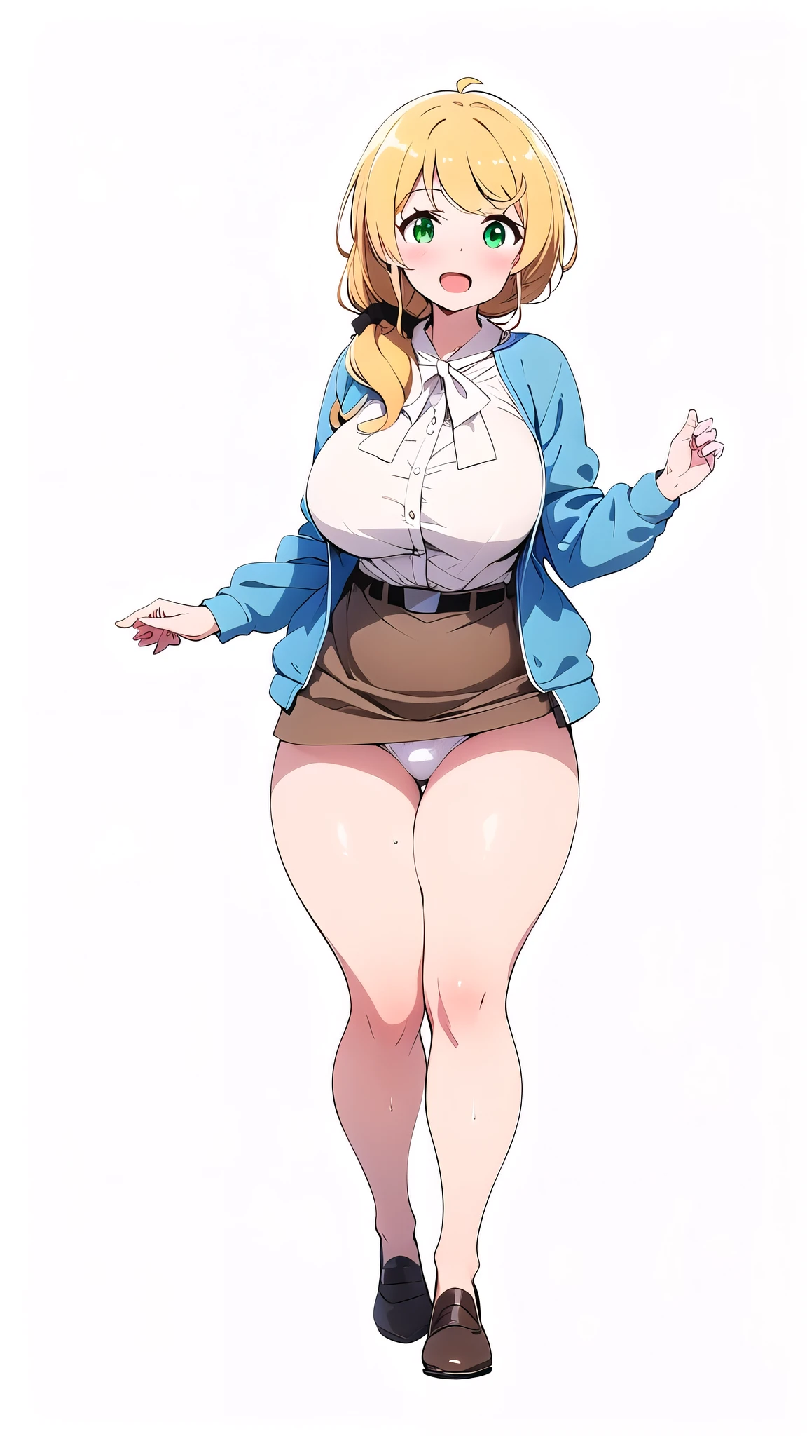 masterpiece,best quality,1girl,mature female,large breasts,(wide hips,thick thighs, voluptuous thighs),ellen_baker,green eyes,blonde hair,long hair,hair scrunchie,jacket,white shirt,skirt, white panties, A kind smile, open mouth,(sweat,Sweatdrop), simple white background, full body,