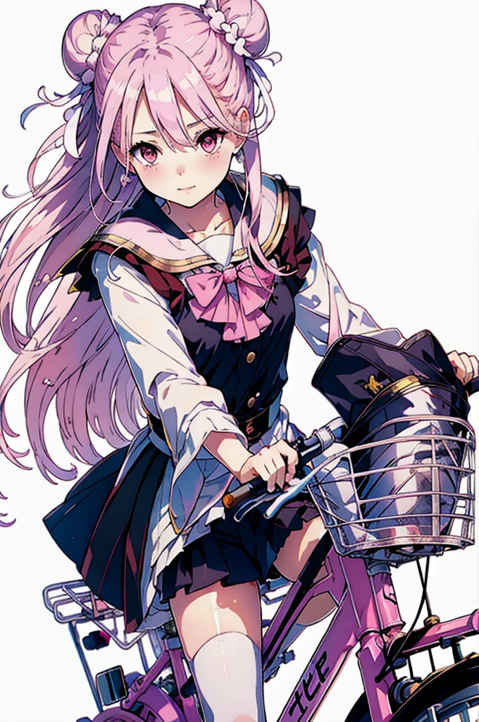 masterpiece, (((Highest quality))), (((High resolution))), {Detailed and beautiful eyes}, finely, Detailed and beautiful eyes,1 Girl, (Hair Ribbon:0.4), Pink Eyes,(((White bun hair))),(((Long pink hair))),(((ride a bicycle))), smile,Kunimi Tama,