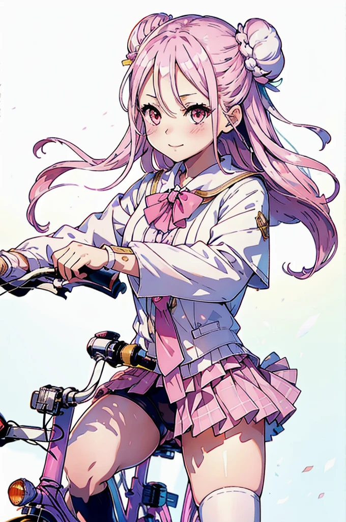 masterpiece, (((Highest quality))), (((High resolution))), {Detailed and beautiful eyes}, finely, Detailed and beautiful eyes,1 Girl, (Hair Ribbon:0.4), Pink Eyes,(((White bun hair))),(((Long pink hair))),(((ride a bicycle))), smile,Kunimi Tama,