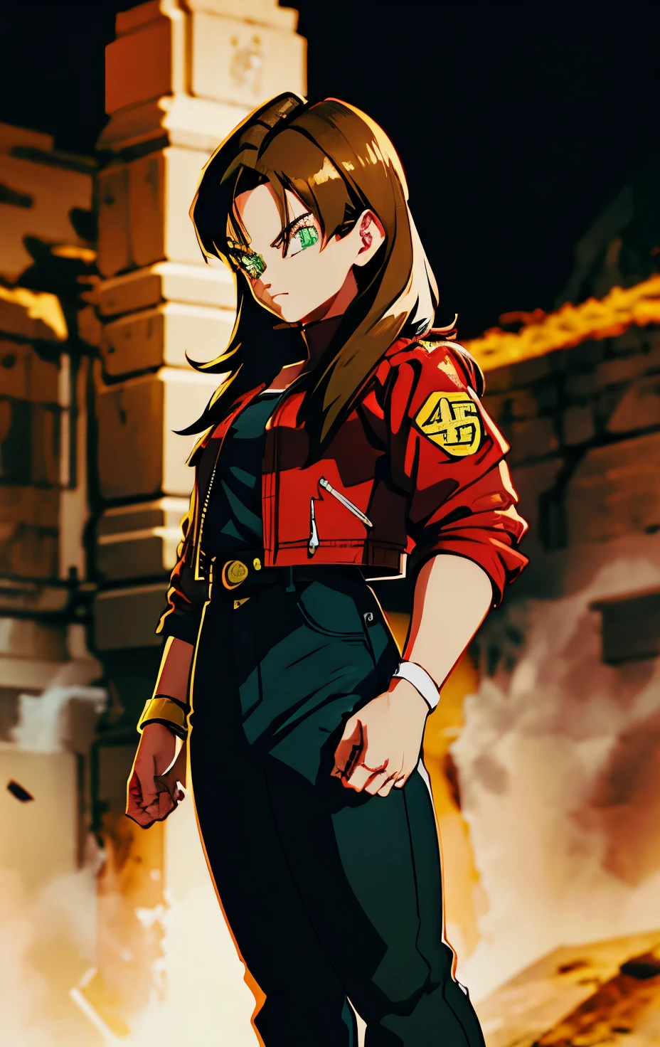 HDR, Dragon Ball, warrior, anime, 2K, 4k, 8k, Masterpiece, high resolution, Detailed reflections, 1 girl, Alone, Delgado, athletic, light brown hair, {detailed green eyes}, {highlight light brown hair}, perfect, Perfect eyes, {beautiful detailed face}, red or navy blue jacket, dark blue t-shirt, black denim pants, night city background, cinematographic, standing, martial artist intention, hands, adolescent, realist.