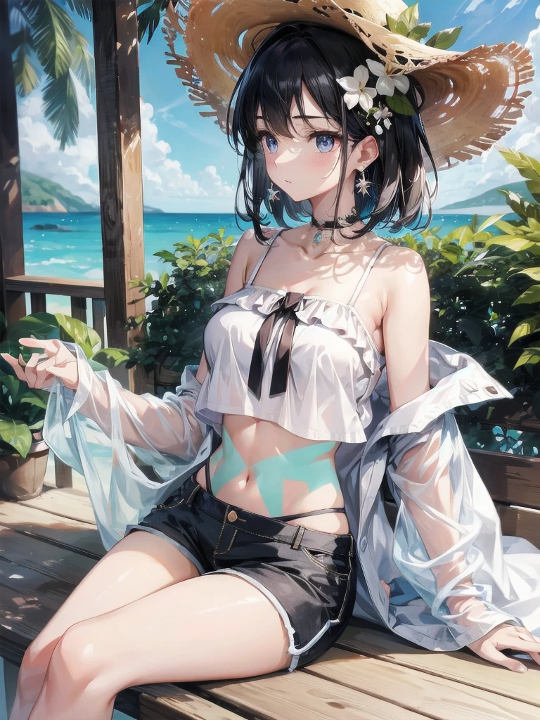 very huge breasts, full body shot, absurdres, RAW photo, extremely delicate and beautiful, masterpiece, Best Quality, ultra high resolution, 32k, hyperrealistic, ultra-detailed, perfect figure, in her 20s, very small head, very small face, delicate facial features, tearful mole, earring, medium hair, black hair, colored inner hair, casual, blouse, white shirt, buttoned shirt, bare shoulders, collarbone, midriff, navel, shorts, straw hat,