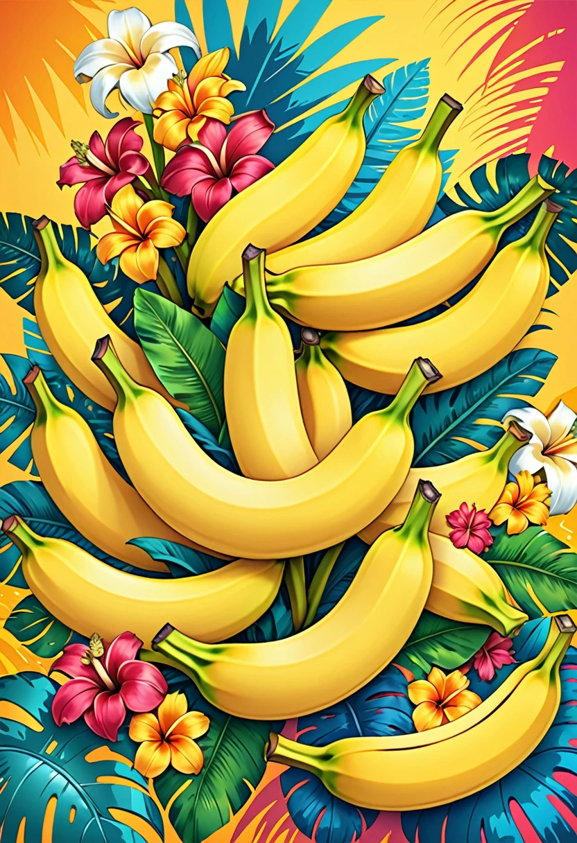 Vector Art, Colorful illustration with lots of bananas, In the center, Vibrant colors, High Detail,Hawaiian style background